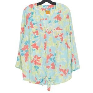 Ruby Rd Top Plus Size 3X Floral Tropical Button Up 3/4 Sleeve Lightweight Blue
